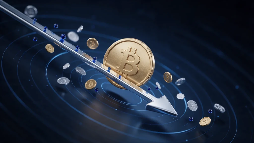 A tilted gold bitcoin coin with a falling silver arrow and small scattered coins.