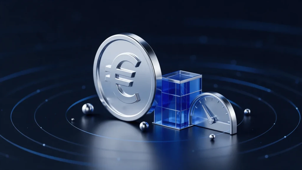 A large silver euro coin beside a blue glass building and a semicircle gauge.