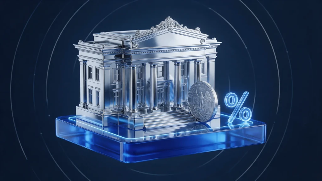 A silver central-bank building on a blue glass base with a dollar coin and a percent symbol.