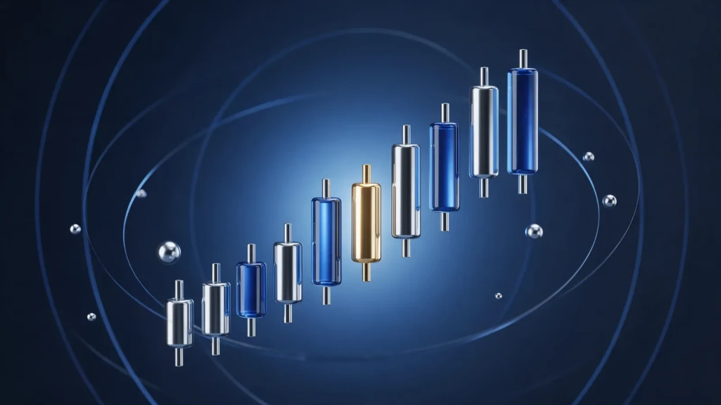 Glass, silver and gold Japanese candlesticks arranged in a rising sequence on a dark blue background.
