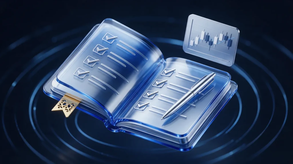 An open glass notebook with a checklist, a silver pen and a small chart screen.